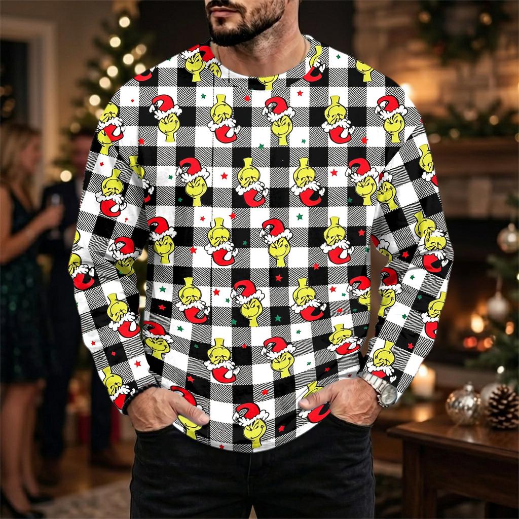Men's Casual Loose Fit Long Sleeve Neck Tee with Christmas Print for Fall Winter