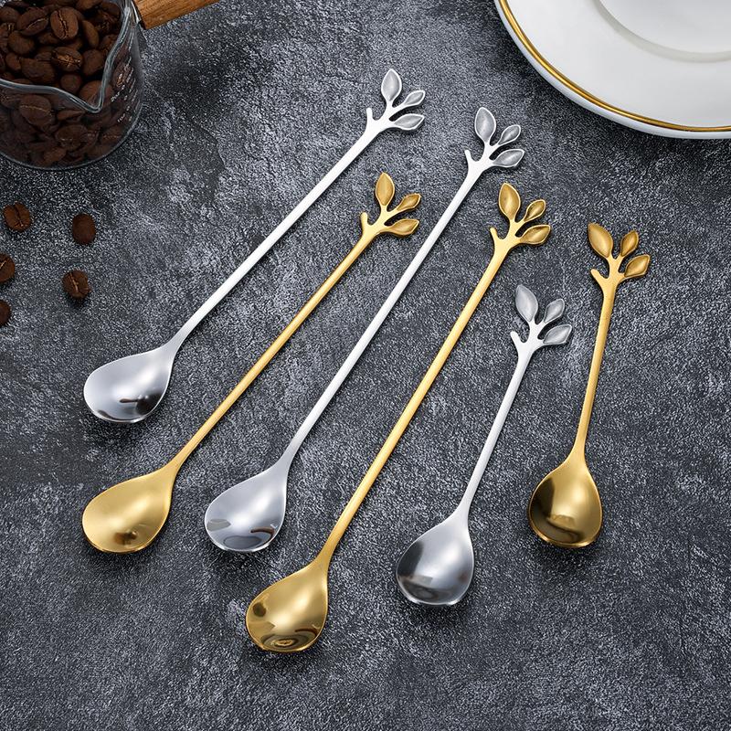 6Pcs Creative Personality Stainless Steel Gold Spoons Tree Leaf Spoon Coffee Spoon Tea Spoon Home Restaurant Dessert Cutlery Set