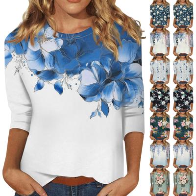 Women's Fashion Casual Round Neck 3/4 Sleeve Loose  Printed T-Shirt Ladies Top