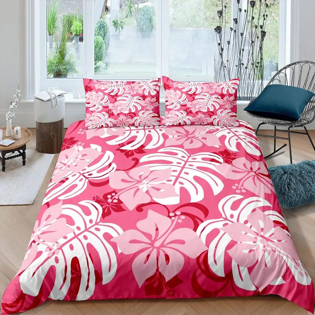 Palm Leaves Duvet Cover King Full Banana Leaves Bedding Set Hawaiian Tropical Leaves Green Branches 2/3Pcs Polyester Quilt Cover
