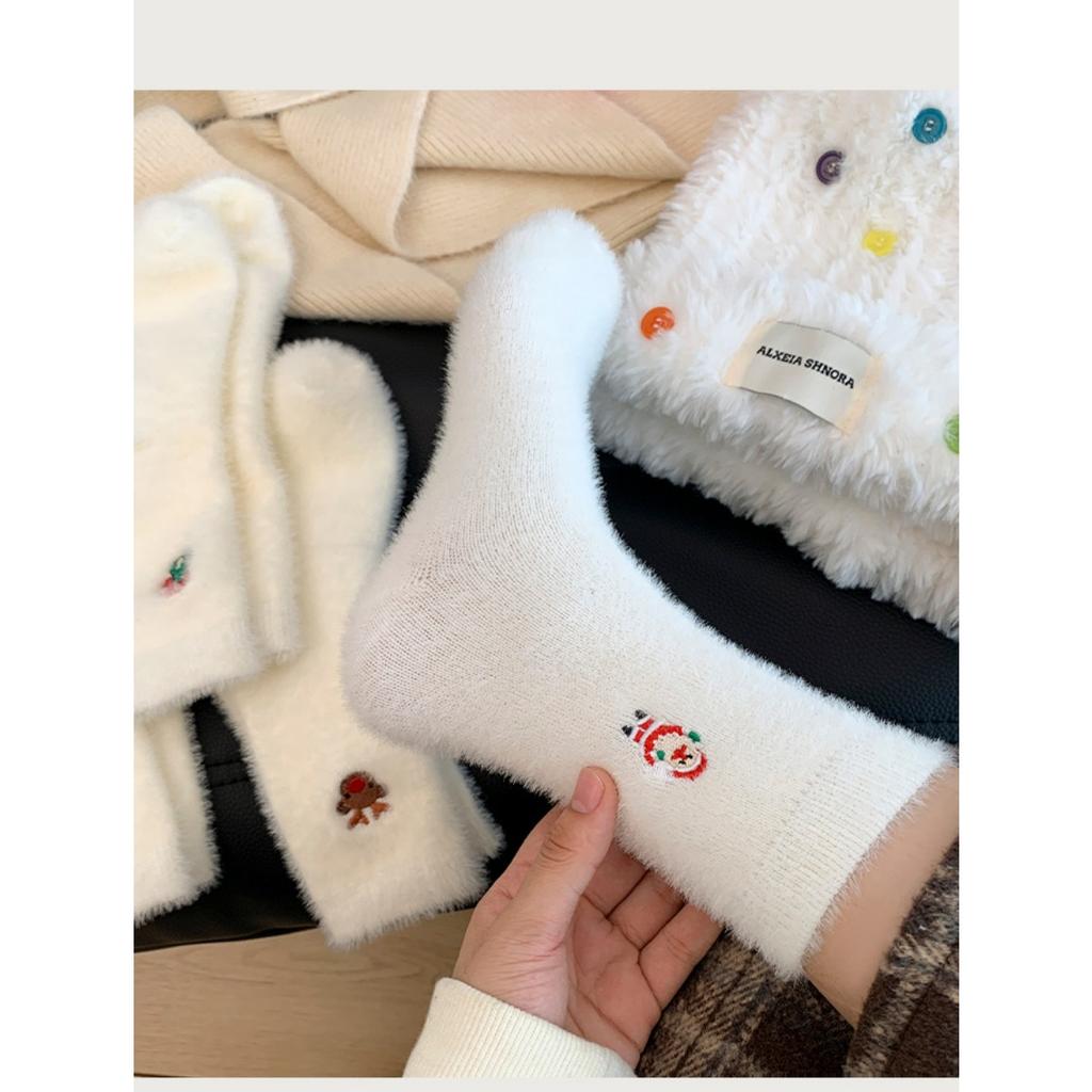 10-1 Pairs Autumn and Winter Socks, Children's White Mink Fur Christmas Socks, Snowman Santa Claus Christmas Tree Elements, Thickened Warm Socks