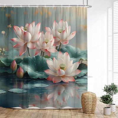 Lotus Flowers Shower Curtain Natural Green Leaves Plant Floral Chinese Style Bath Curtains Fabric Home Bathroom Decor with Hooks