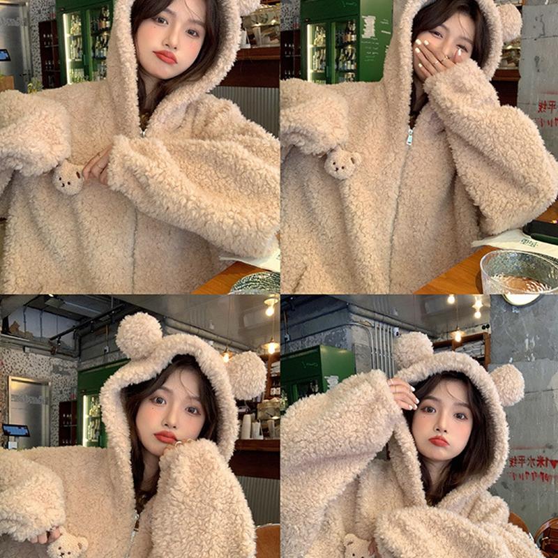 Women Gardigan Hoodies Girl Winter Loose Fluffy Bear Ear Hoodie Jacket Including Brooch