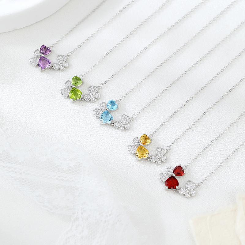 Natural Colored Gemstone Pendant S925 Sterling Silver Non-Fading Necklace Women's Butterfly Design Collarbone Chain