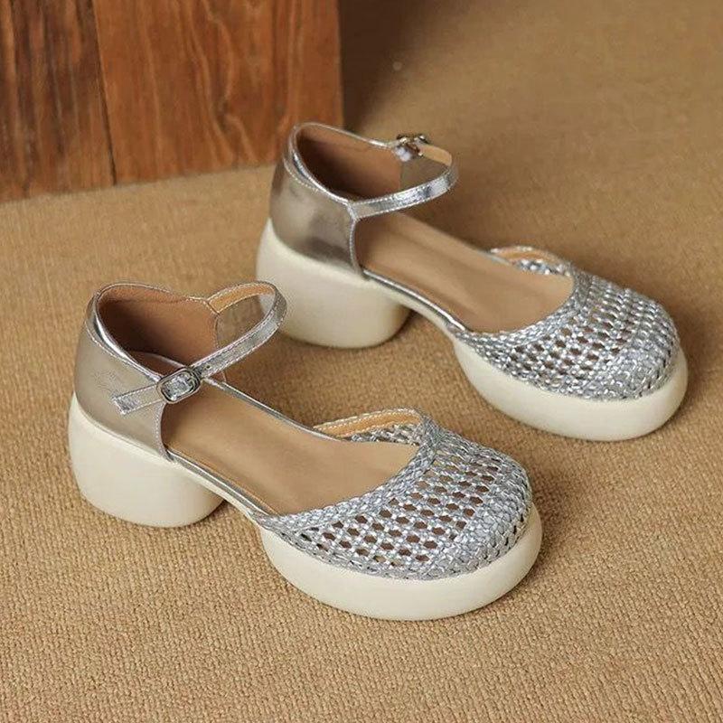 

Fashion thick-heeled woven bag head sandals women s summer 2025 new versatile height-increasing casual hollow pig cage shoes 40 серебряный