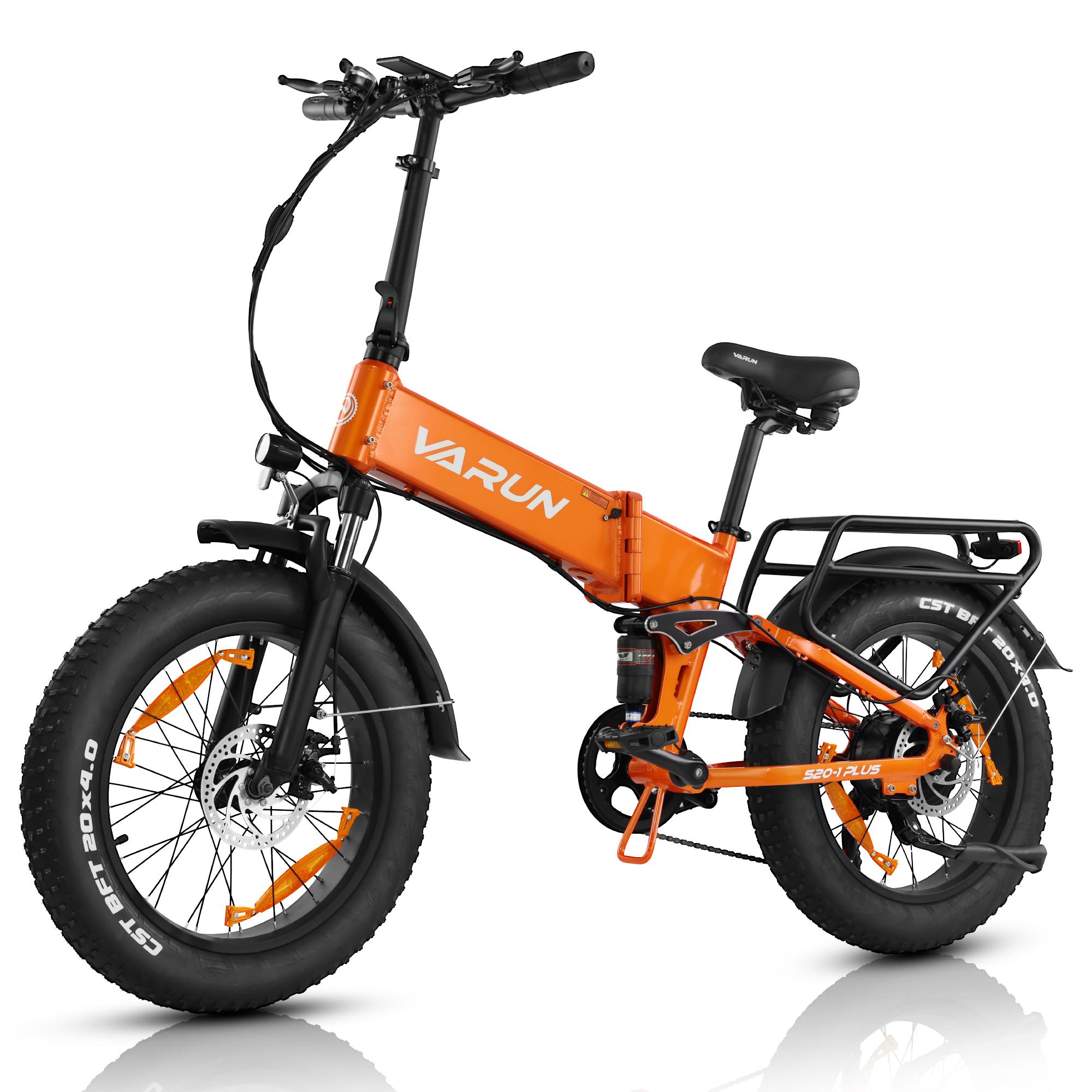 Varun S20-2 Bicicleta Elétrica Dobrável Urbana para Adultos Com Freio a Disco Duplo Pneus 20*4 Polegadas Bicicleta Elétrica ao Ar Livre Bateria 48V13Ah Motor 500W Bicicleta Elétrica cor de laranja