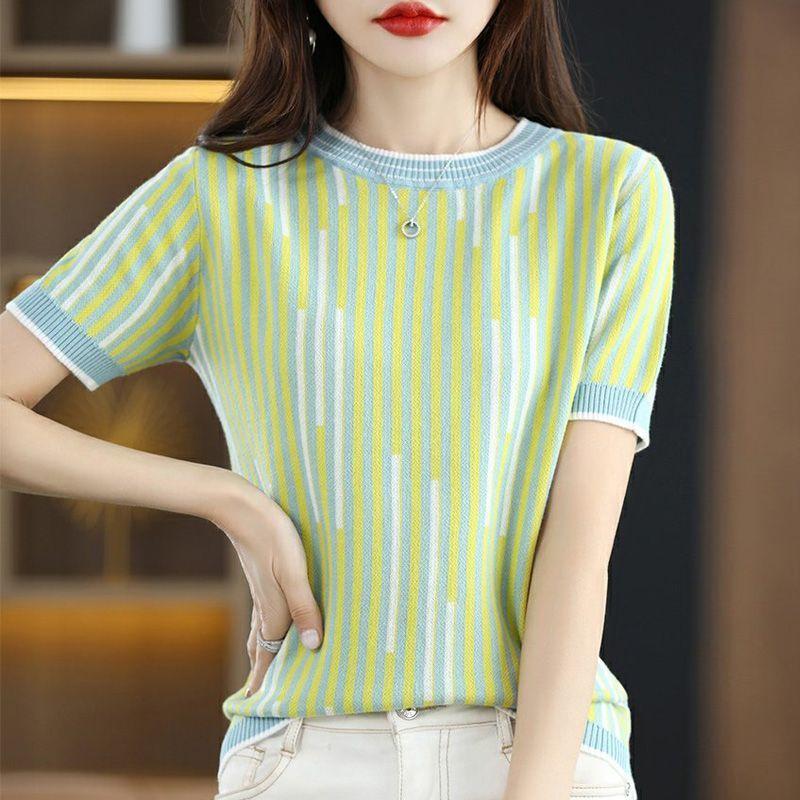 Summer Women Clothing Striped T-Shirts Contrast Color New Slim O-Neck Screw Thread Fashion Casual Short Sleeve Thin Knitted Tops