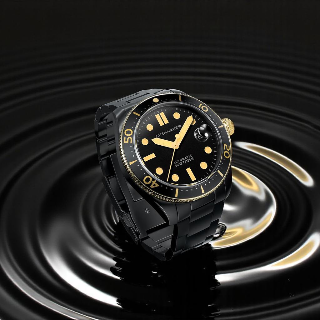 Croft Mid Schwarz und Gold Kollektion 15 ATM Wasser Saphir Schwarz [SPINNAKER] Uhr, Automatisch, Widerstandsfähig, Kristall, Zifferblatt, SP-5100-33, Herren [Authentisch]