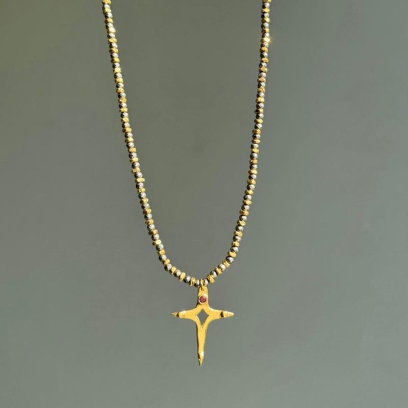 Personality Necklace Stainless Steel Cross Pendant Pearl Necklace Electroplated 18K Gold Color Retention