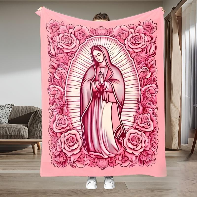 Sacred Heart of Jesus And Virgin Mary Printed Throw Blanket,Religious Cloud Halo Pattern Soft Sofa Cover Warm Faith Blanket
