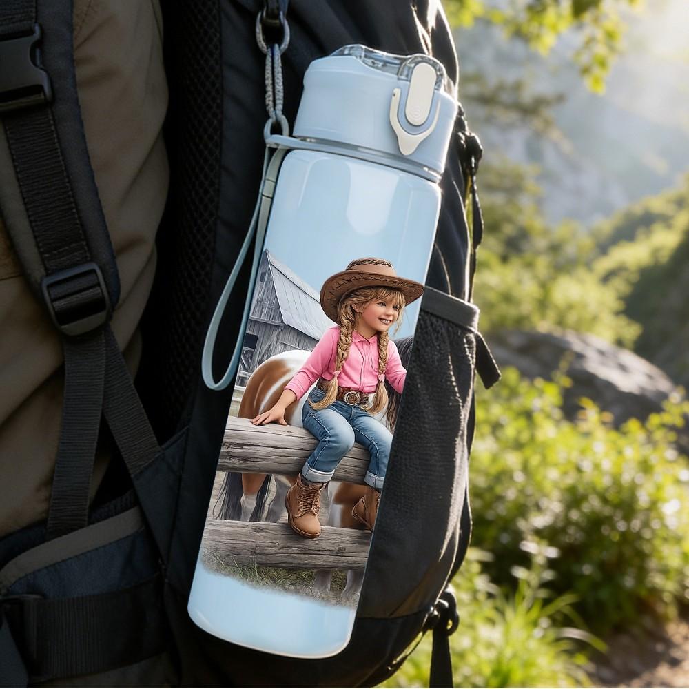 1PC Cowgirl Horse Western Scene Print 750ml Color Plastic Sports Water Bottle Leakproof Flip Straw Lid Suitable for Sports Office Home Use