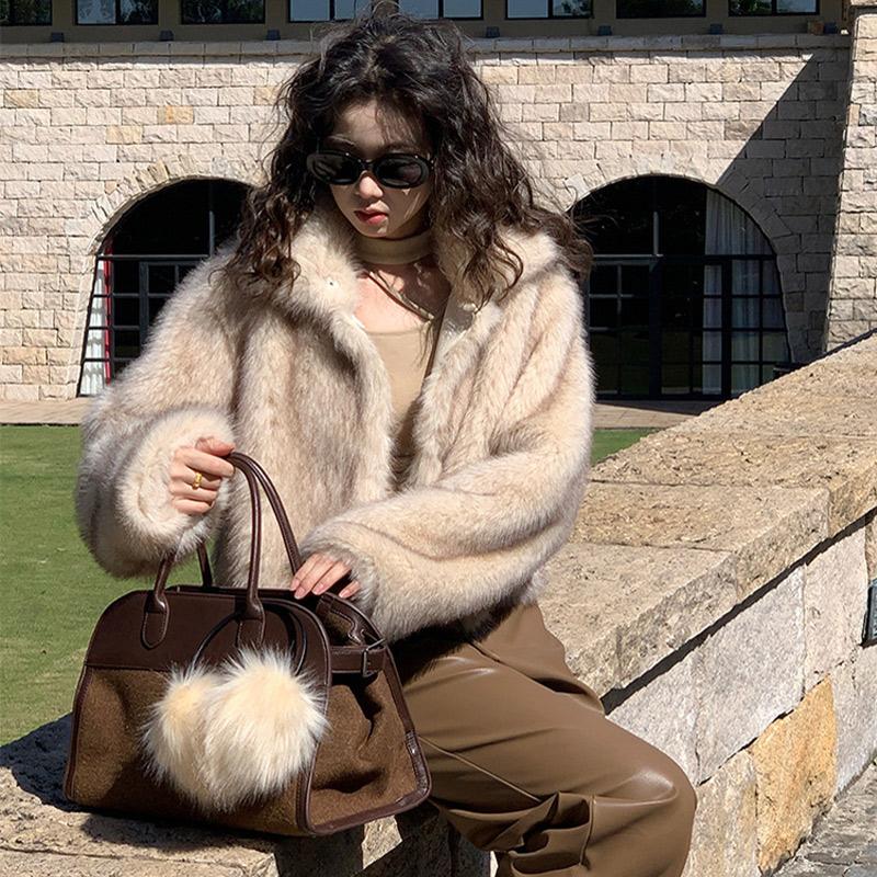 Fashion Luxury Faux Fur Short Coat Women Stand Collar Long Sleeve Loose Jacket Autumn Winter Lazy Thick Streetwear Outerwear