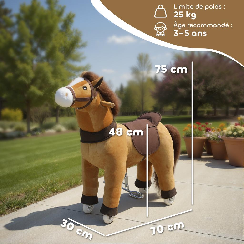 Ride-On Horse for Children, Plush Horse on Wheels, Handle, 75 cm Tall, Ages 3-5, Brown