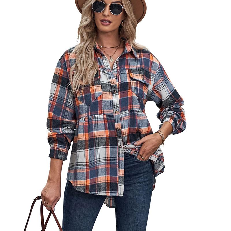 Женская клетчатая блузка с лацканами, длинным рукавом и карманами, шикарная повседневная осенняя S оранжевый