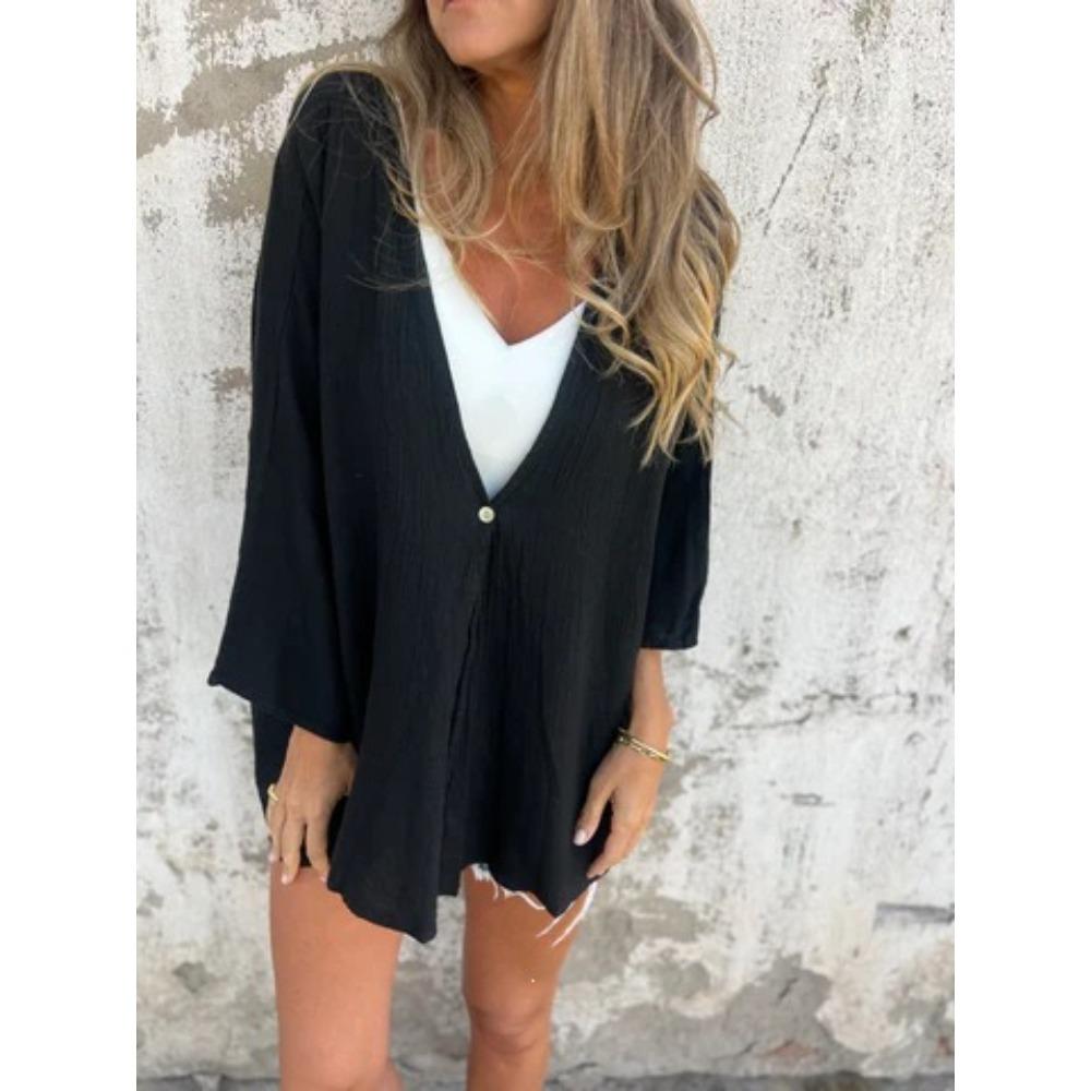 Women s Loose Fit V Neck Single Button Long Sleeve Solid Textured Fabric Casual Open Front Cardigan Top S чёрный