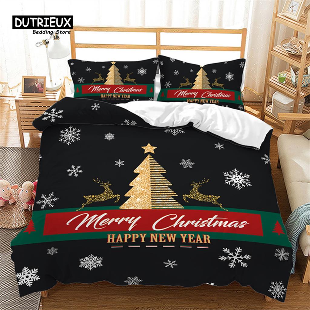 Merry Christmas White Bedding Set King Queen Full Twin Size Microfiber Bedroom Decorative 3D Print Duvet Cover With Pillowcases