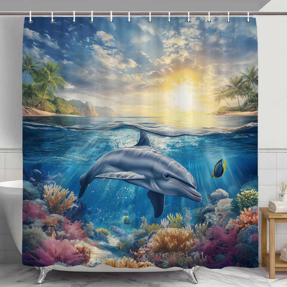 Sea Turtle Shower Curtain, Blue Beach Coastal Sea Turtle Starfish Underwater Creatures Bathroom Decorative Shower Curtain