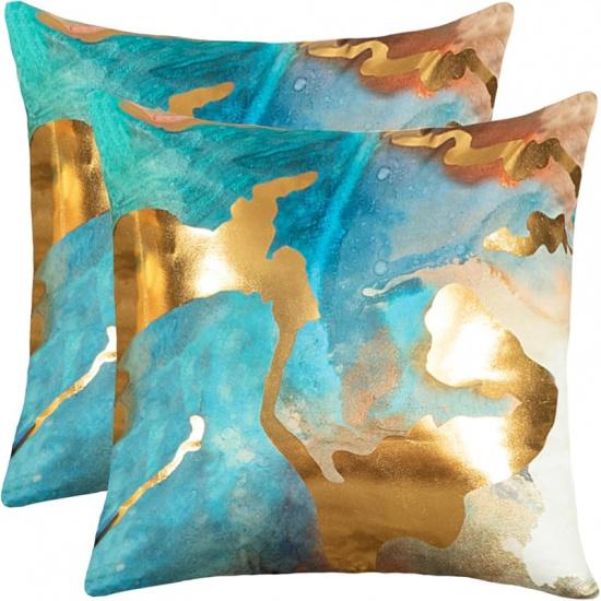 HOSTECCO Teal and Gold Throw Pillow Covers 18x18 inch Set of 4 Turquoise Gold Abstract Pillow Cases Modern Decorative Cushion Covers for Sofa Couch Teal Gold