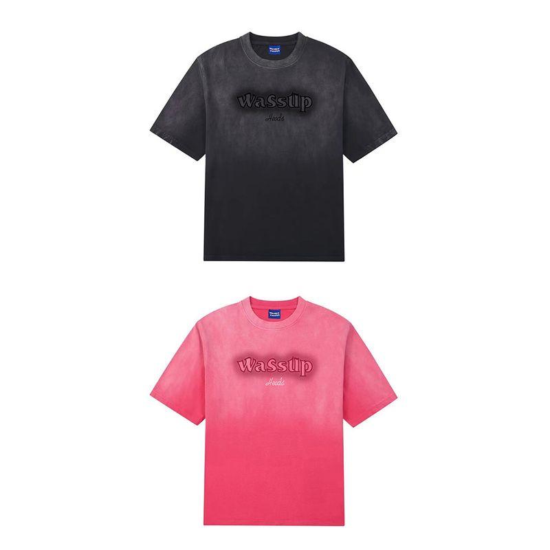 Wassup Heods Gradient Washed Heavy Letter Short-Sleeve T-Shirt for Men, Summer Loose American Style Couple's Top