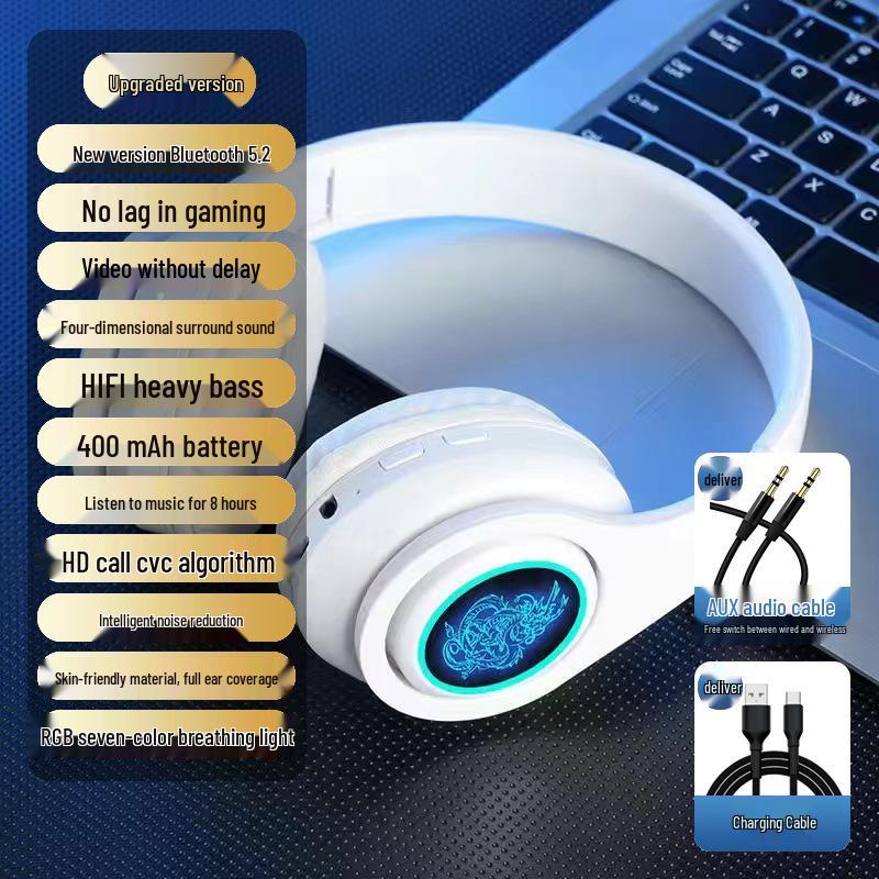 2025 Luminous Bluetooth Over-Ear Headphones with Heavy Bass and Large Earcups for Boys