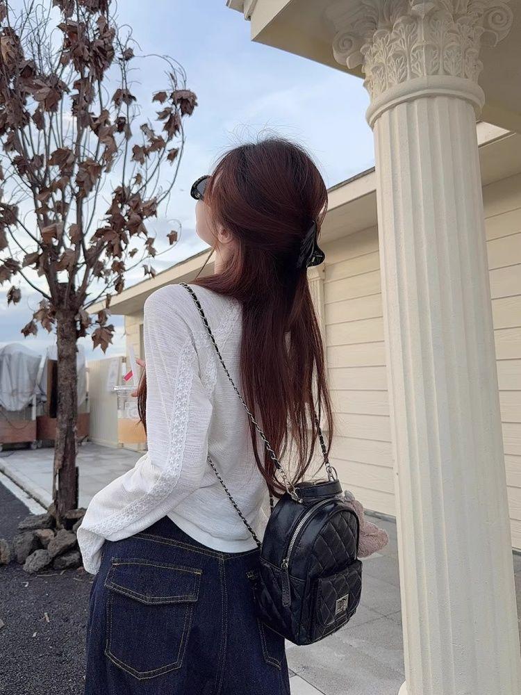 Women's White Lace Patchwork Sailboat Embroidered Long Sleeve T-shirt - Korean Style Early Autumn Versatile Top