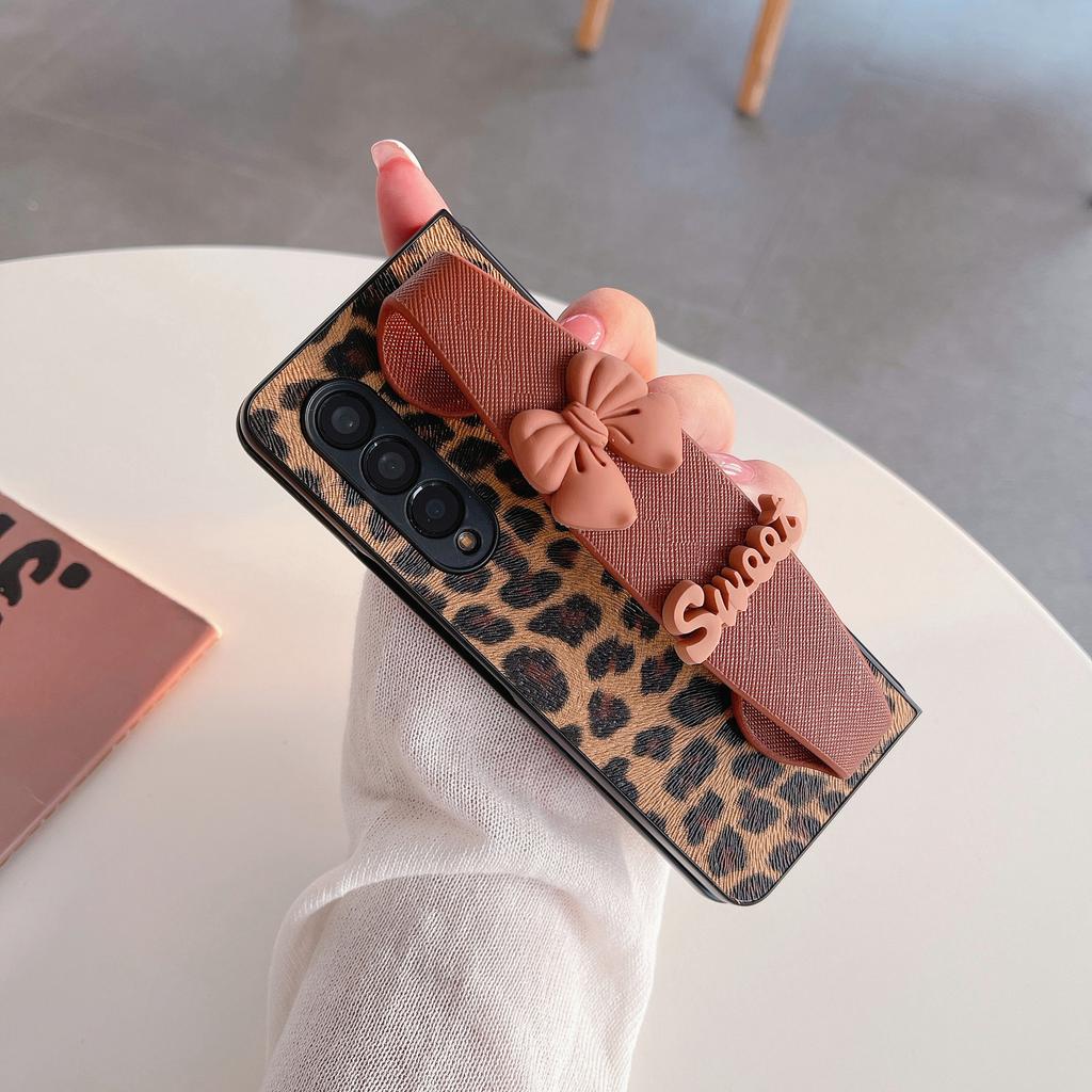 Applicable To Samsung Z Fold4 Mobile Phone Case Brown Leopard Print Butterfly Wrist Strap Z Fold3 Folding Screen Left and Right Protective Cover