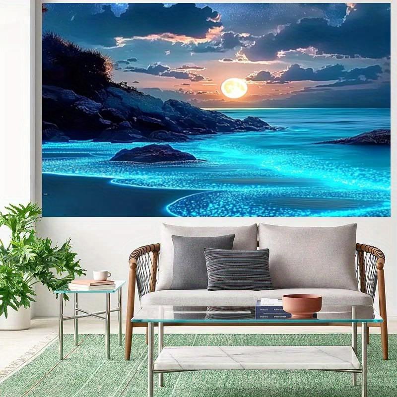 Stunning Blue Ocean and Moon Tapestry - Vibrant Polyester Wall Hanging with Starry Sky, Rocky Shoreline, and Glowing Shoreline