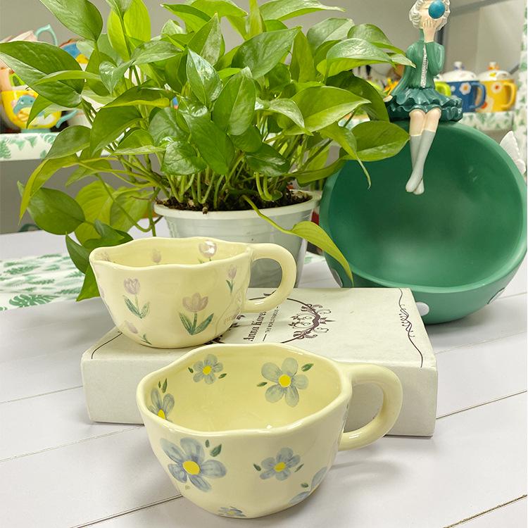 Hand-Pinched Korean Ceramic Mug for Coffee, Milk, Juice, or Breakfast with Floral Design