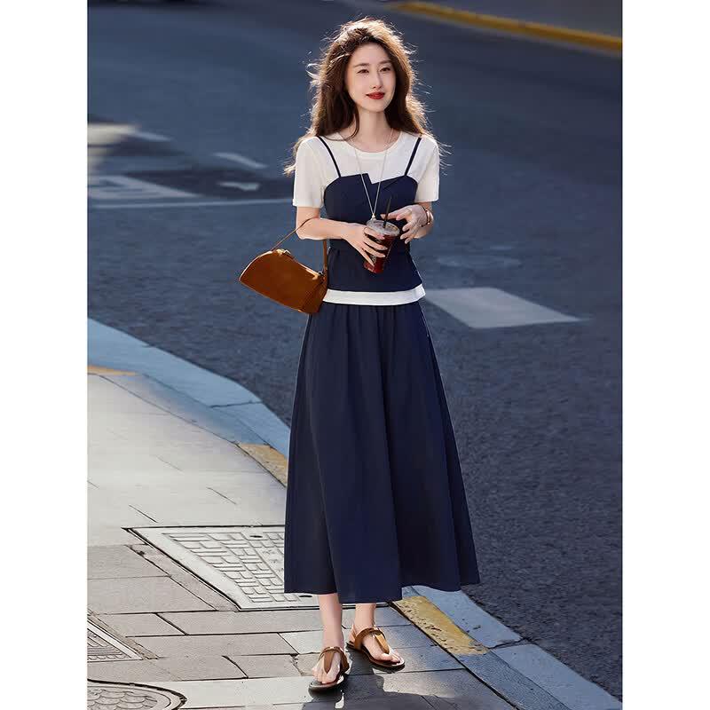 Spliced Fake Two-Piece T-shirt & A-line Skirt Set