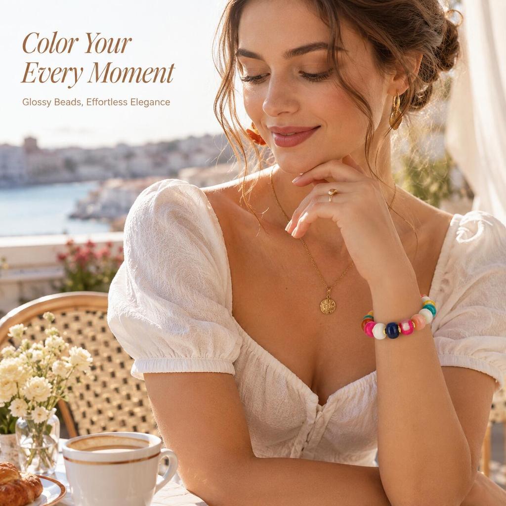 Bohemian Multi Color Resin Bead Bracelet for Women,18K Gold Plated Stainless Steel, Waterproof Summer Beach Vacation Jewelry