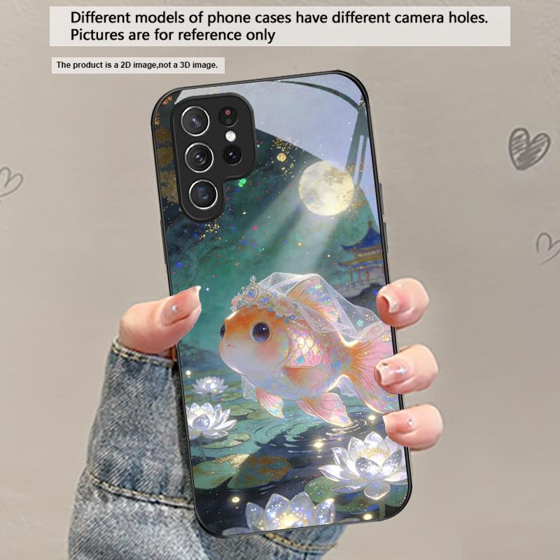 Милый золотой рыбка вуалехвост Для Samsung Galaxy S20 S21 S22 S23 Plus S24 FE S25 Ultra S26 Edge S25+ S20+ S22+ Черный стеклянный чехол для телефона