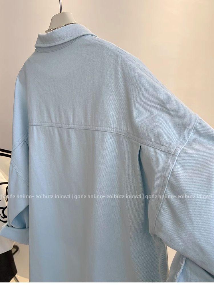 Women's Casual Loose-Fit Blue Twill Shirt Jacket - Long Sleeve, Lapel, Autumn/Winter Trendy Top