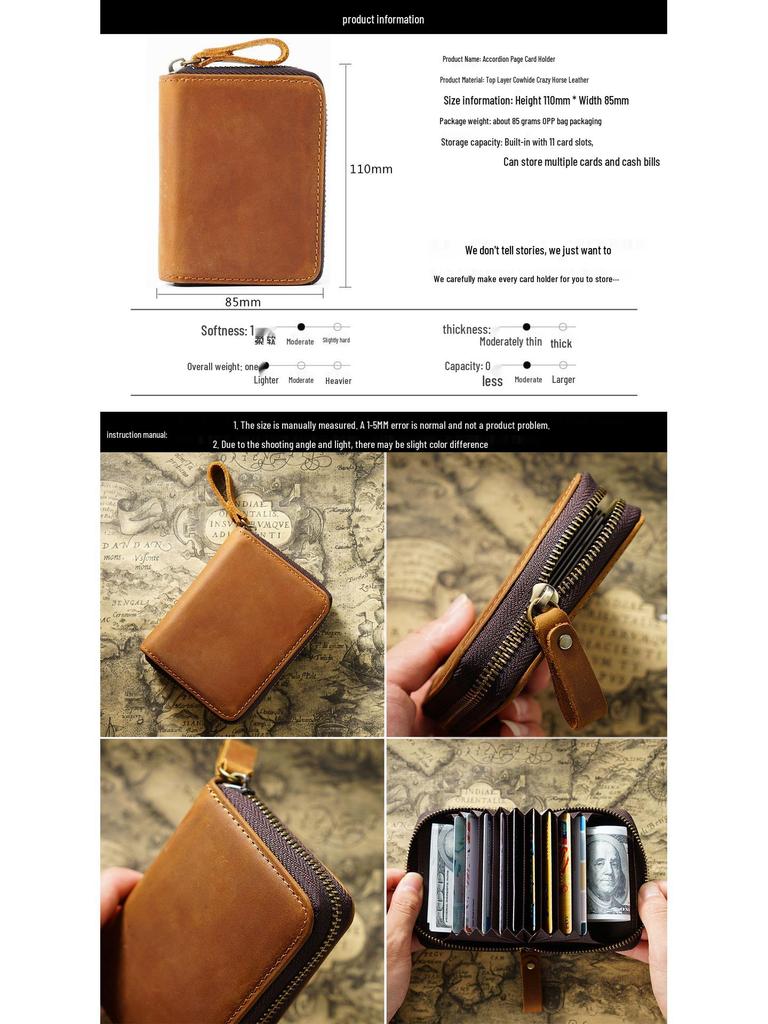 Genuine Leather RFID-Blocking Accordion Card Holder with Multi-Card Slots & Retro Coin Purse