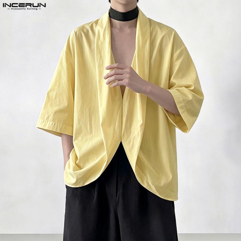INCERUN Men's 3/4 Sleeve V-Neck Irregular Loose Fit Casual Holiday Kimono Cardigan Shirts