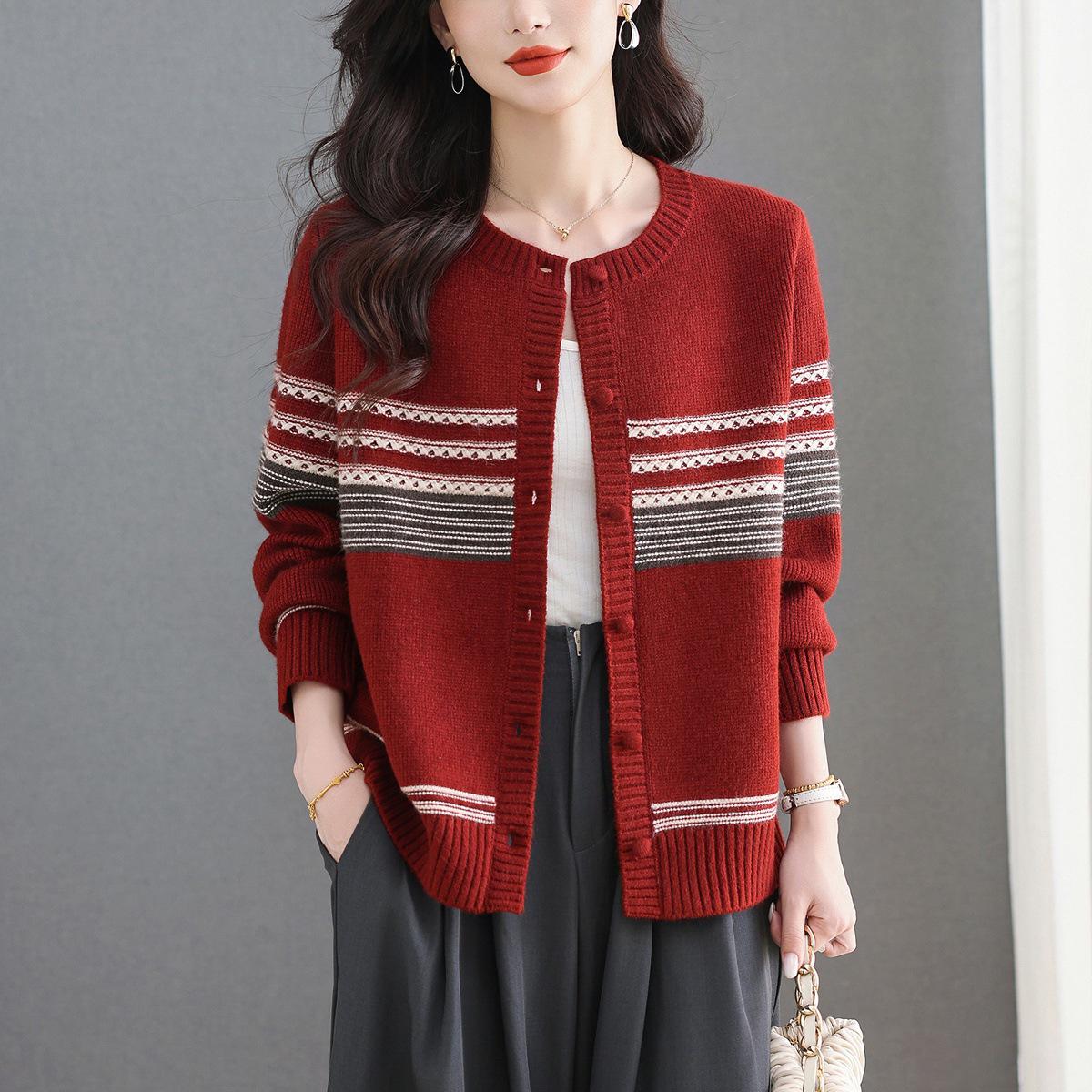 

Женский короткий полосатый вязаный кардиган - Весна и Осень 2025 Пальто-свитер Triple Extra Large