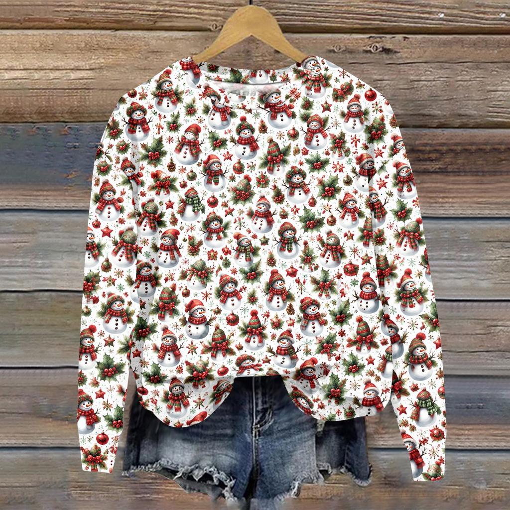 Women's Casual Christmas Print Crewneck Sweatshirt Long Sleeve Top for Holiday Wear