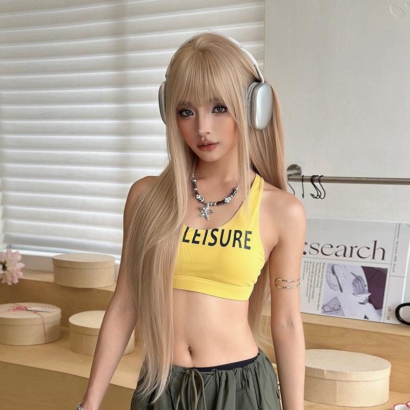 Ainizi New Arrivals Korean Style 76cm Long Straight Pearl Blonde None Lace Matte Synthetic Hair Wigs With Bangs for Women