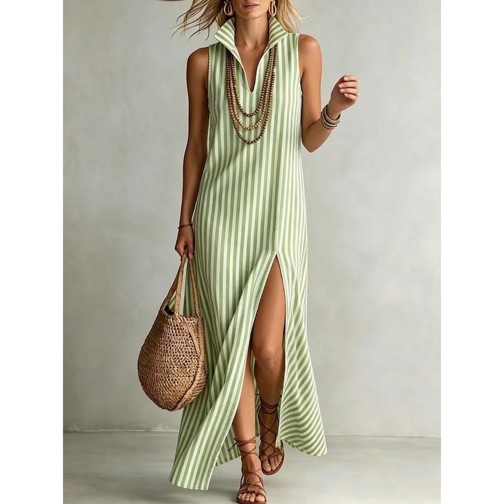New European American Women Casual Striped Stand Collar Sleeveless Slit Maxi Long Dress Vacation Style