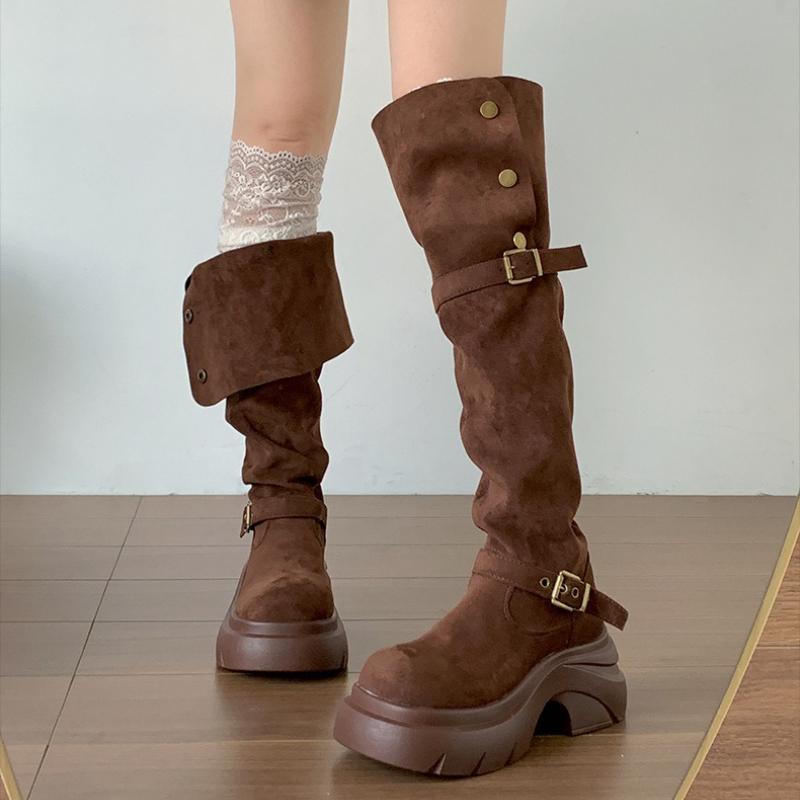 Winter Vintage Platform Thick Sole Woman Knight Boots Fashion Belt Buckle Slip On Shoes Punk Style Height Increase Long Booties