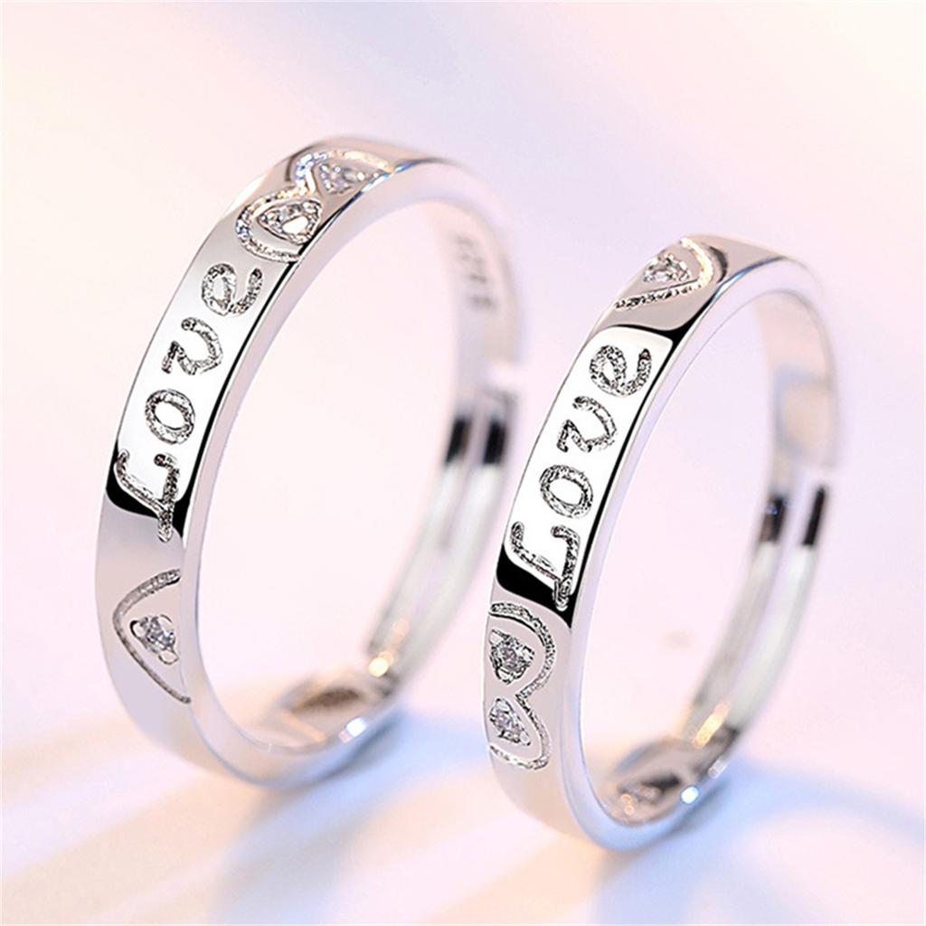 2Pcs Love Heart Heartbeat Couple Open Rings For Women Men Lover Black Silver Color Engagement Wedding Rings Valentines Day Gifts