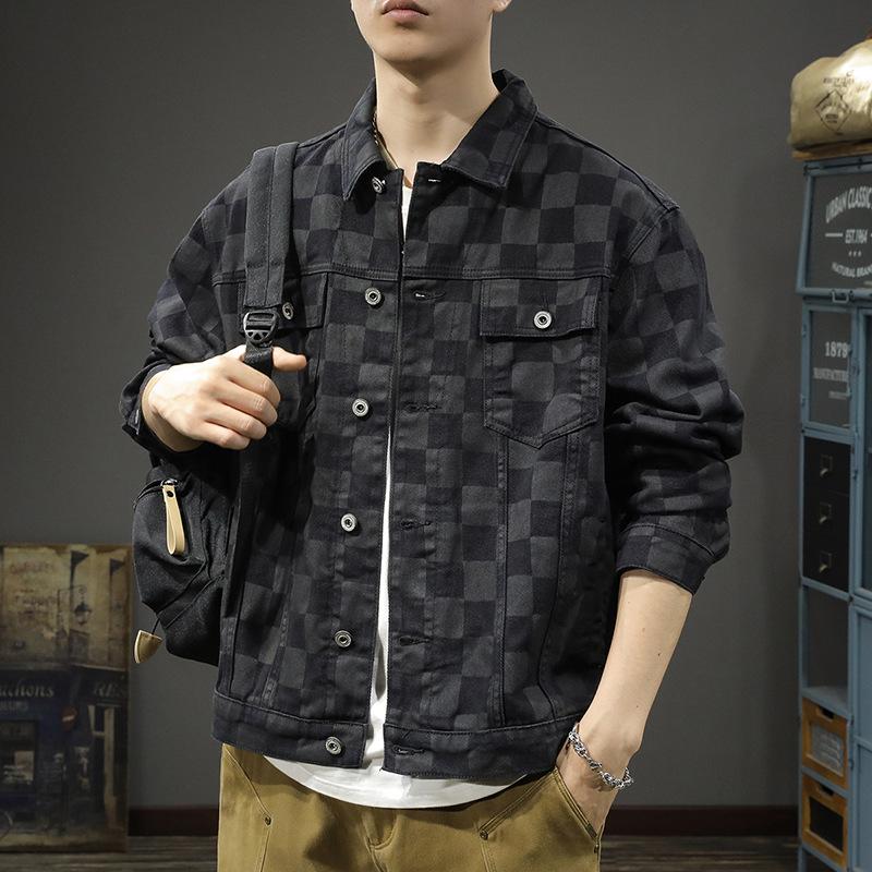 Modna Markowa Kurtka Jeansowa w Kratę Retro Męska Luźna Duży Rozmiar Amerykańska Kurtka Robocza High-Endowy Denim
