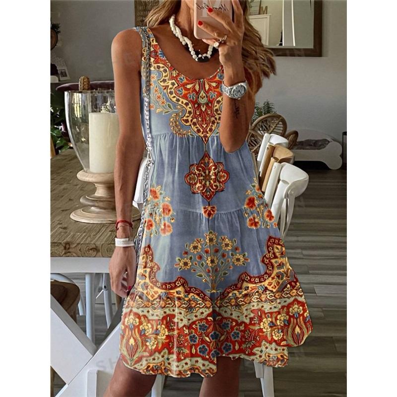 Printed Sleeveless V-neck Vest Skirt Fashion Vacation Printed Dress Women