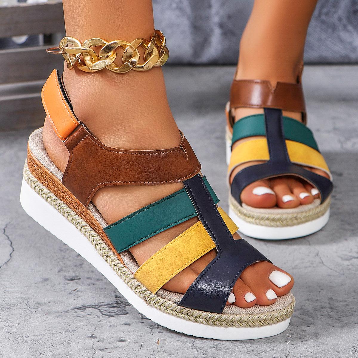 

Летние мужские туфли с толстой подошвой, женские плетеные туфли с открытым носком, крючки-петли, летние сандалии на толстой танкетке и покатом каблуке в римском стиле 43 разноцветный