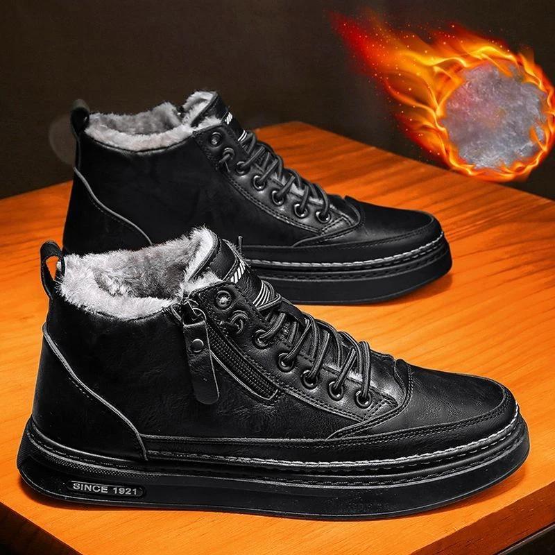 Fashion Men Leather Casual Shoes 2024 Spring High Top Platform Leather Boots Short Lace Up Fur Warm Ankle Boots Men Tooling Shoes Botas