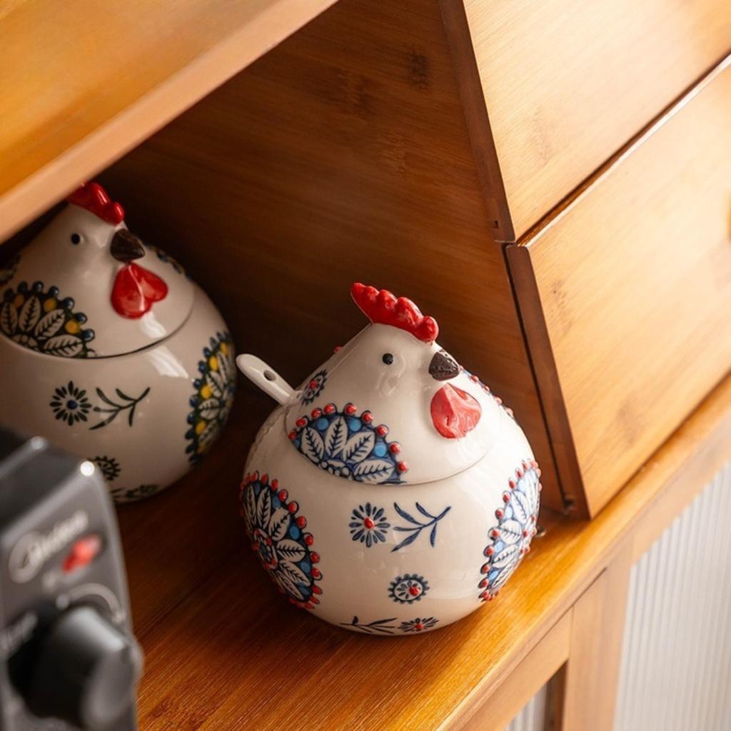 Roztomilá minimalistická kořenka na kuře Kreativní domácí keramická s víčkem lžičkou Podglazurová ručně malovaná Vlhkostivzdorná