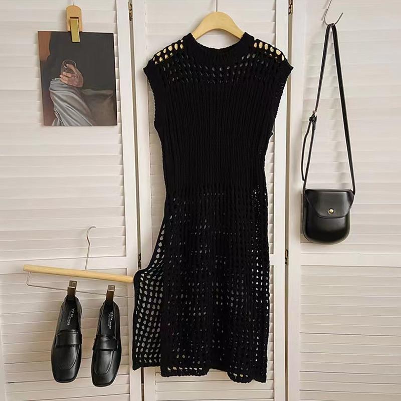 Summer Sleeveless O Neck Hollow Out Knitted Mesh Short Dress Women Fashion Loose Casual Holiday High Split Sexy Party Dresses Solid Thin Covers Up
