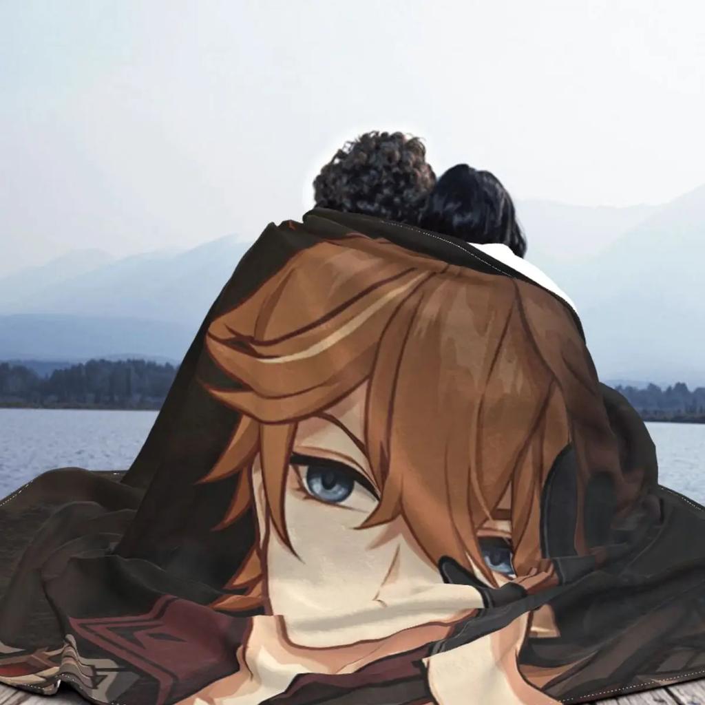 Childe Hutao Tartaglia Genshin Impact Blanket Acg Anime Flannel Funny Warm Throw Blanket for Chair Covering Sofa Autumn/Winter