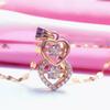 Exquisite Russian 585 Purple Gold Luxury Full Diamond Double Heart Pendant Rose Gold Plated Color Gold Design Gorgeous Necklace