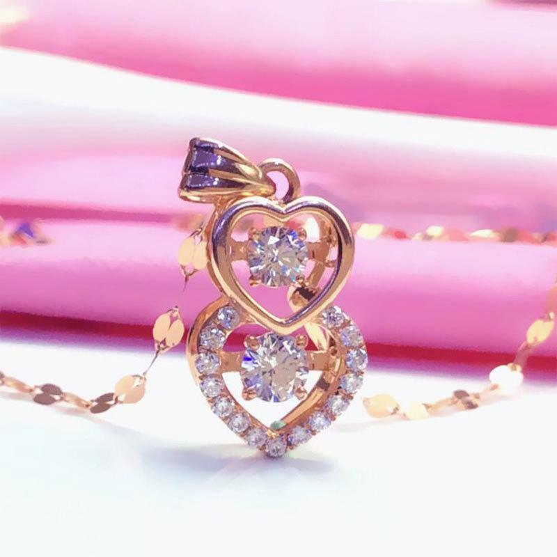 Exquisite Russian 585 Purple Gold Luxury Full Diamond Double Heart Pendant Rose Gold Plated Color Gold Design Gorgeous Necklace