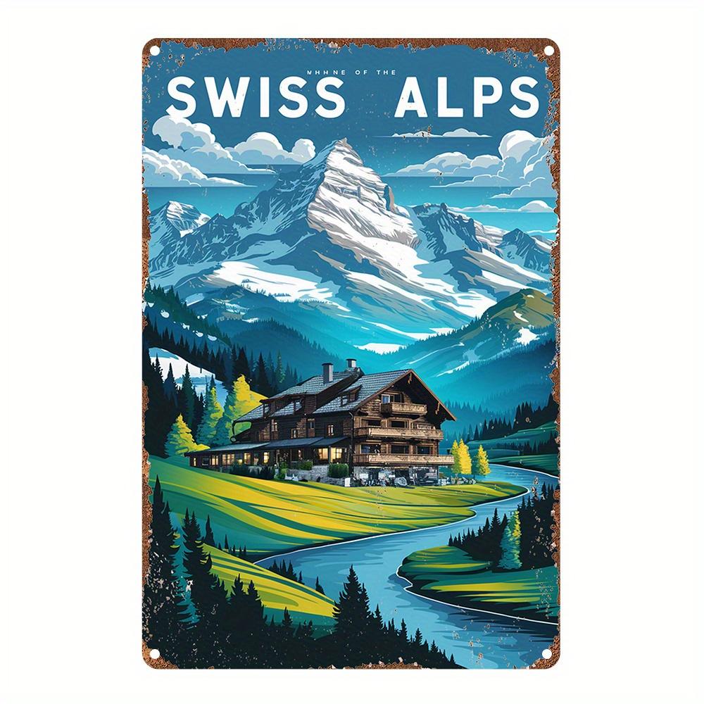 1pc Swiss Alps Vintage Iron Wall Art Sign - Rustic Metal Decor with Vibrant Alpine Landscape, 12x8 Inches (30x20cm), Detailed Ar
